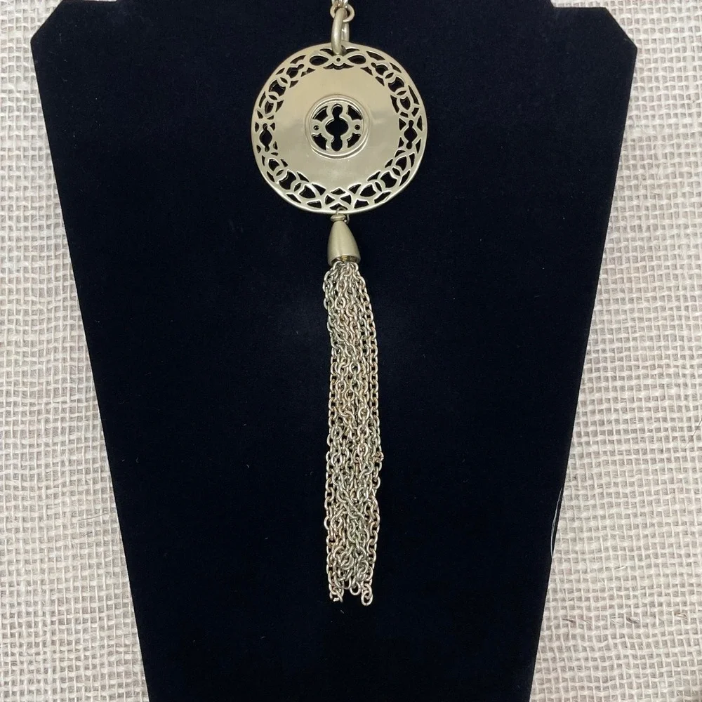 Chicos Gold Tone Round Filigree Tassel Pendant Necklace, Round link, 32 in & adj
